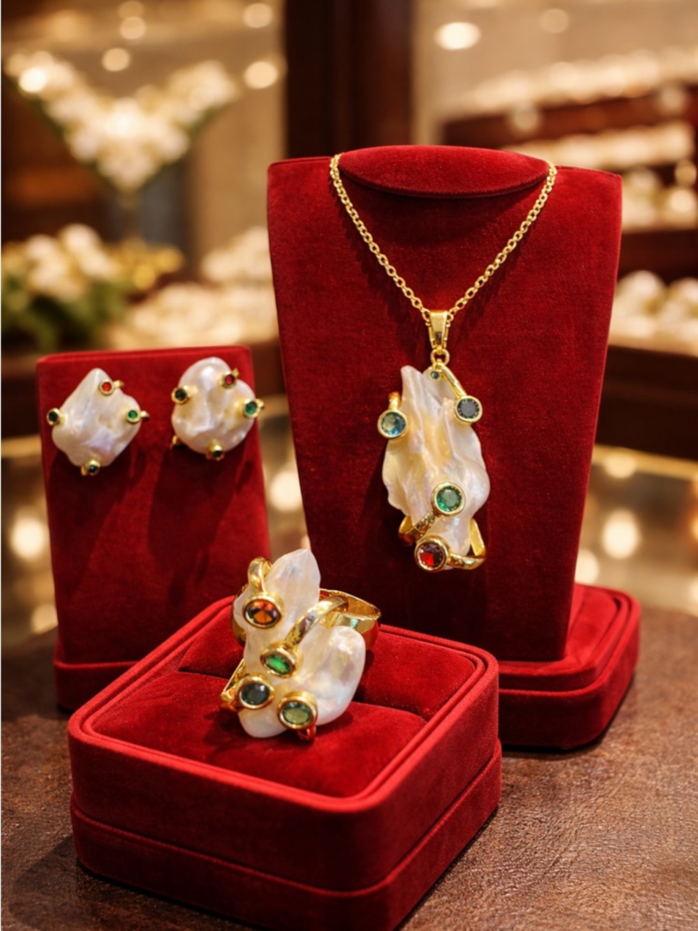 Genuine White Keshi Pearl Multi Gemstone Necklace Ring and Earrings Set